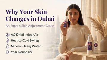 Woman holding Purple Swan Glow with HA moisturiser beside Cleansing Milk and Hydrating Mist in a sunlit Dubai apartment, illustrating skin changes after moving to Dubai