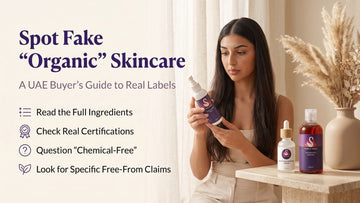 Woman examining the label of Purple Swan Cleansing Milk beside Brightening Booster Serum and Nourishing Hair Oil, showing how to spot fake organic skincare claims in the UAE