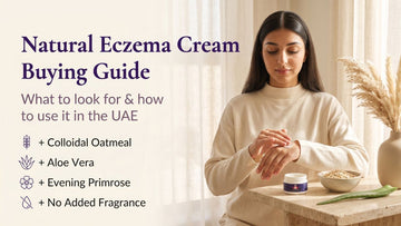 Woman holding Purple Swan Eczema Relief Cream with oats and aloe vera nearby, a natural eczema cream for UAE skin