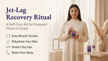 Woman home from a flight holding Purple Swan Pain Relief Oil beside Pillow Mist and Hydrating Mist, a jet lag recovery ritual in Dubai