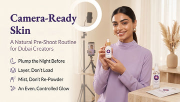 Content creator by a ring light holding Purple Swan Brightening Booster Serum with Hydrating Mist and Radiance Plump Sheet Mask, a camera-ready skin routine in Dubai