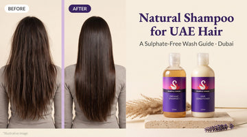 Before and after of dry, frizzy hair and smooth, glossy hair with Purple Swan Organic Shampoo and Hair Conditioner