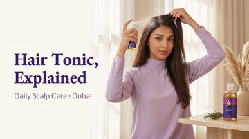 Woman spraying Purple Swan Natural Hair Tonic Spray onto her scalp, with Organic Shampoo on a side table