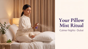 Woman spraying Purple Swan Eucalyptus Spearmint Pillow Mist onto a linen pillow before bed