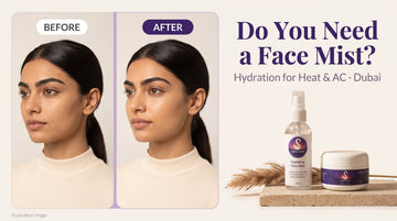 Before and after of dull, dehydrated skin and fresh, dewy skin, with Purple Swan Hydrating Face Mist and Glow Day and Night Moisturizer