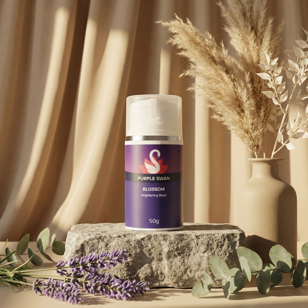 Purple Swan Blossom brightening mask skincare product on stone platform