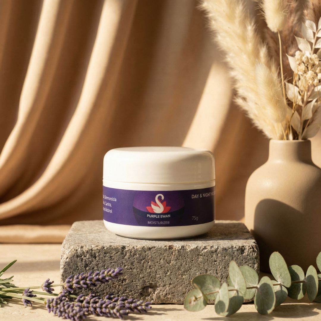Jar of skincare product with a purple label on a stone surface, surrounded by lavender and eucalyptus leaves.