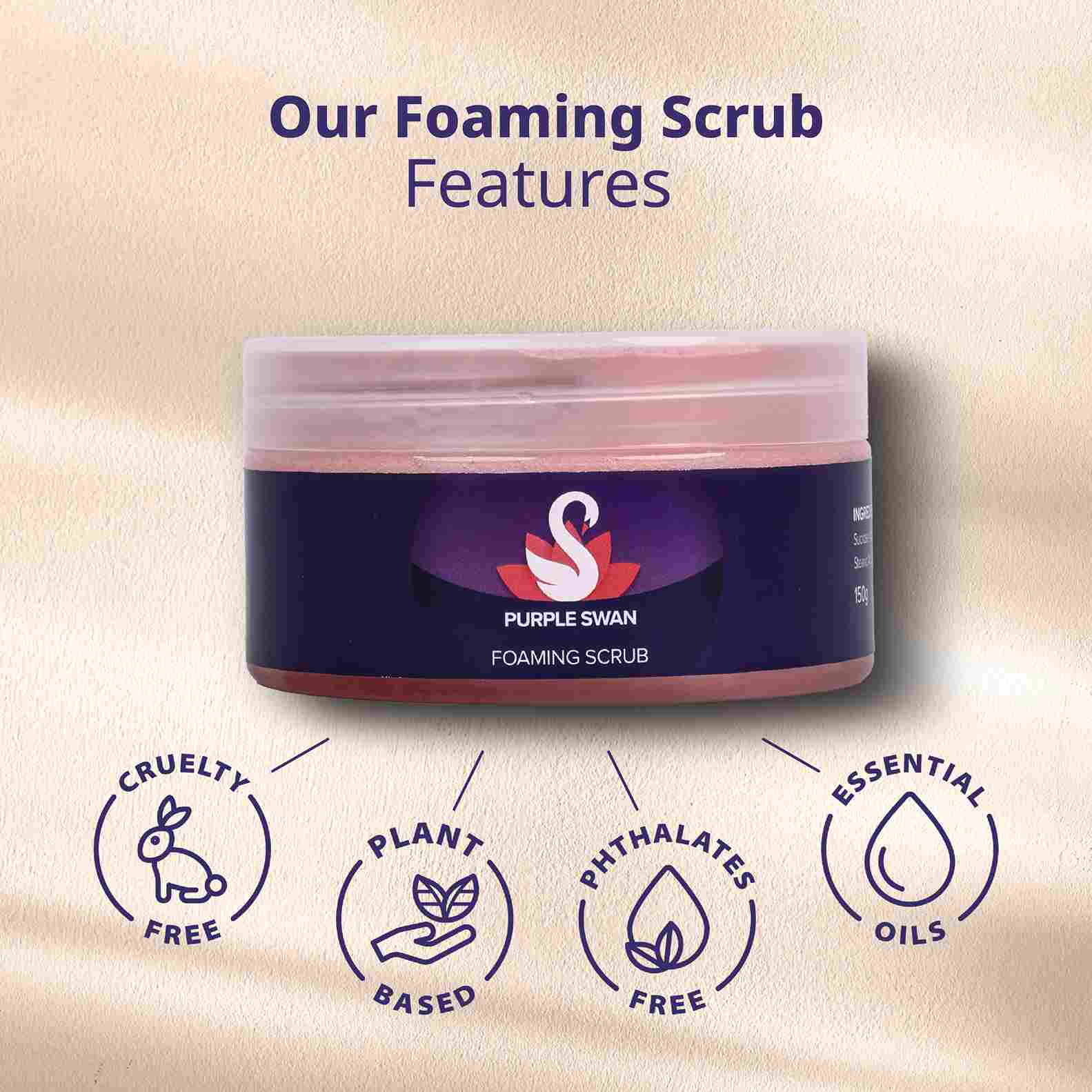 Purple Swan Foaming Scrub Features