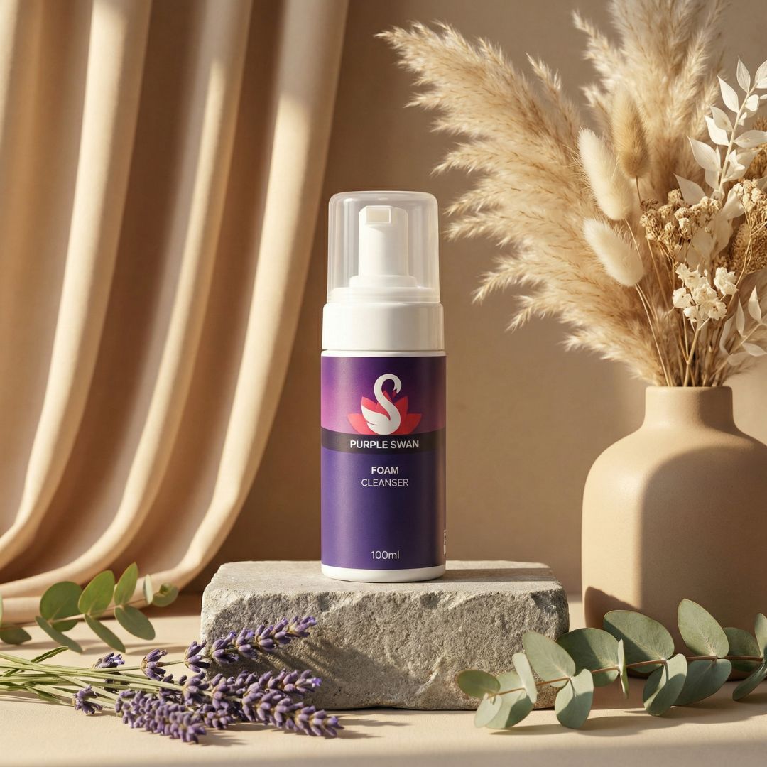Foam cleanser bottle with decorative elements on a neutral background