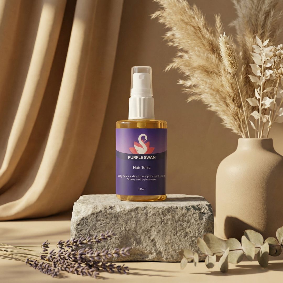 Hair tonic bottle labeled 'Purple Swan' on a stone surface with decorative elements.
