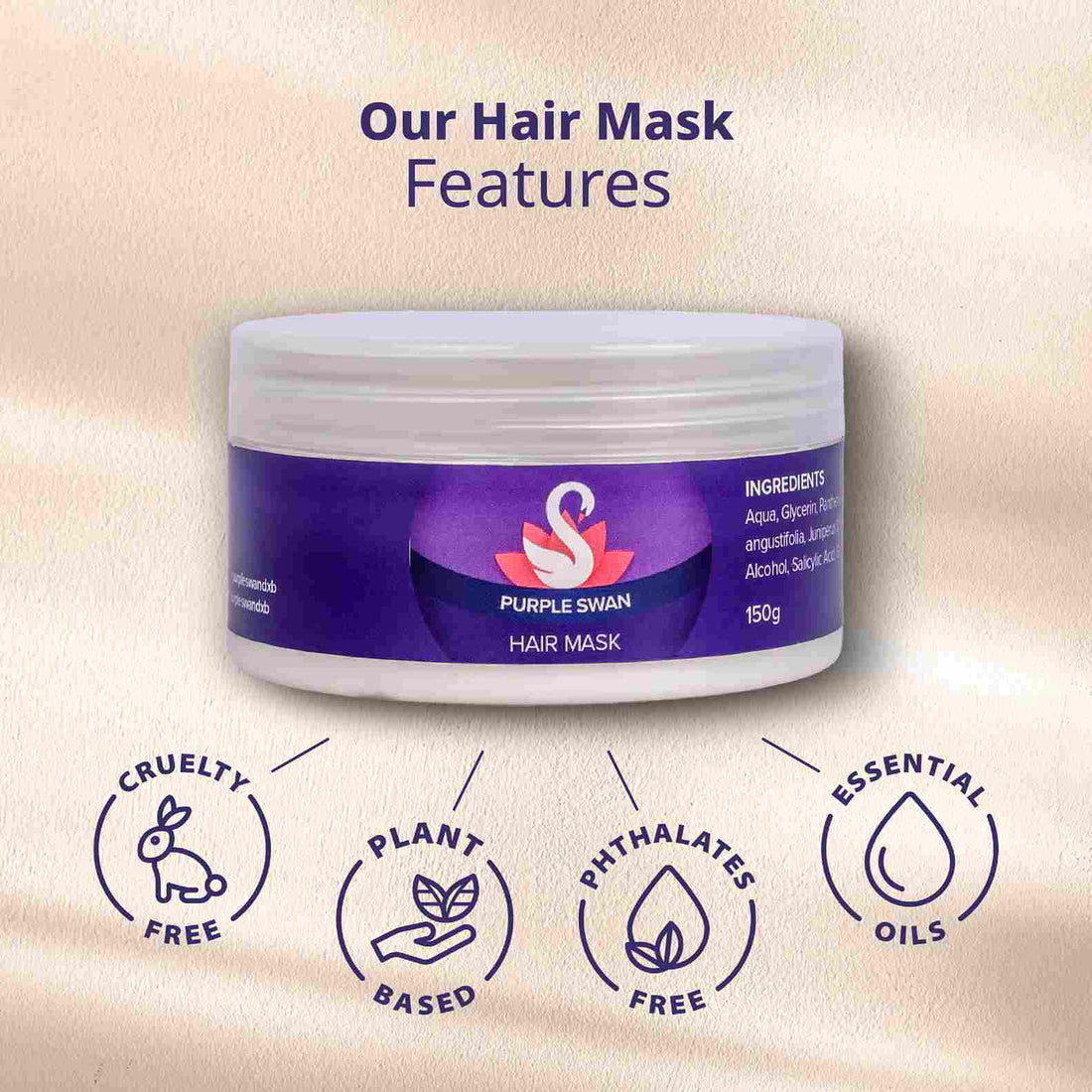 Purple Swan hair mask jar on a stone surface with decorative elements like lavender and a vase in the background.