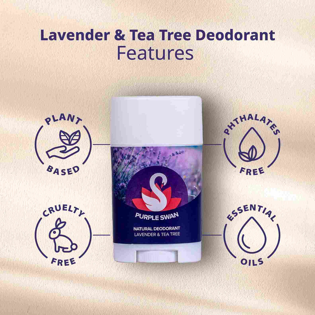 Purple Swan natural deodorant on a stone block with lavender and dried plants in the background