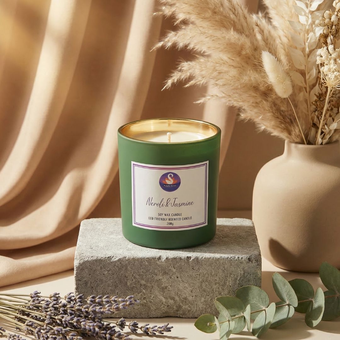 Green candle with a label on a stone surface, surrounded by lavender and eucalyptus leaves, with a beige curtain in the background.