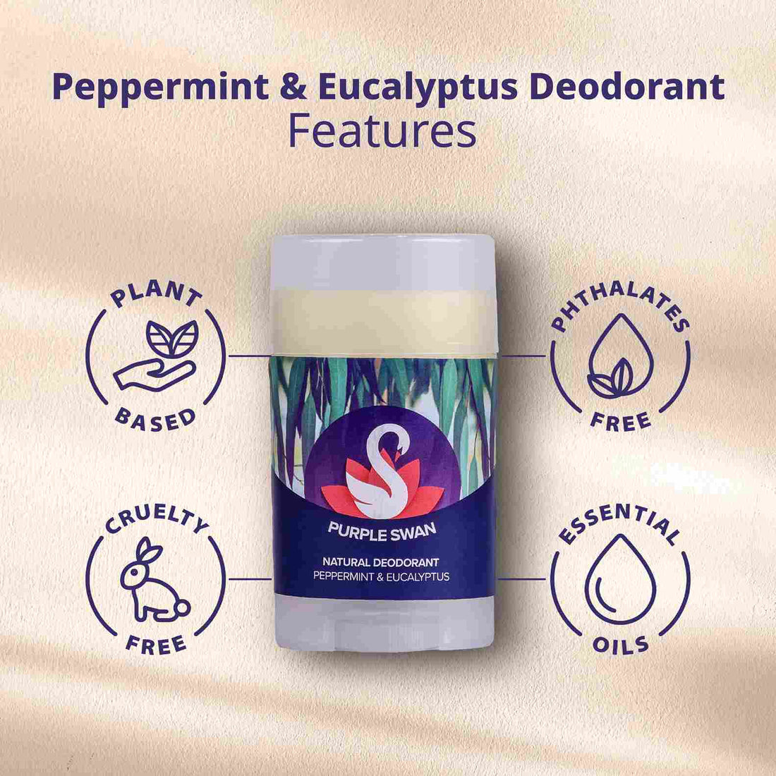 Purple Swan natural deodorant stick on a stone block with decorative elements in the background
