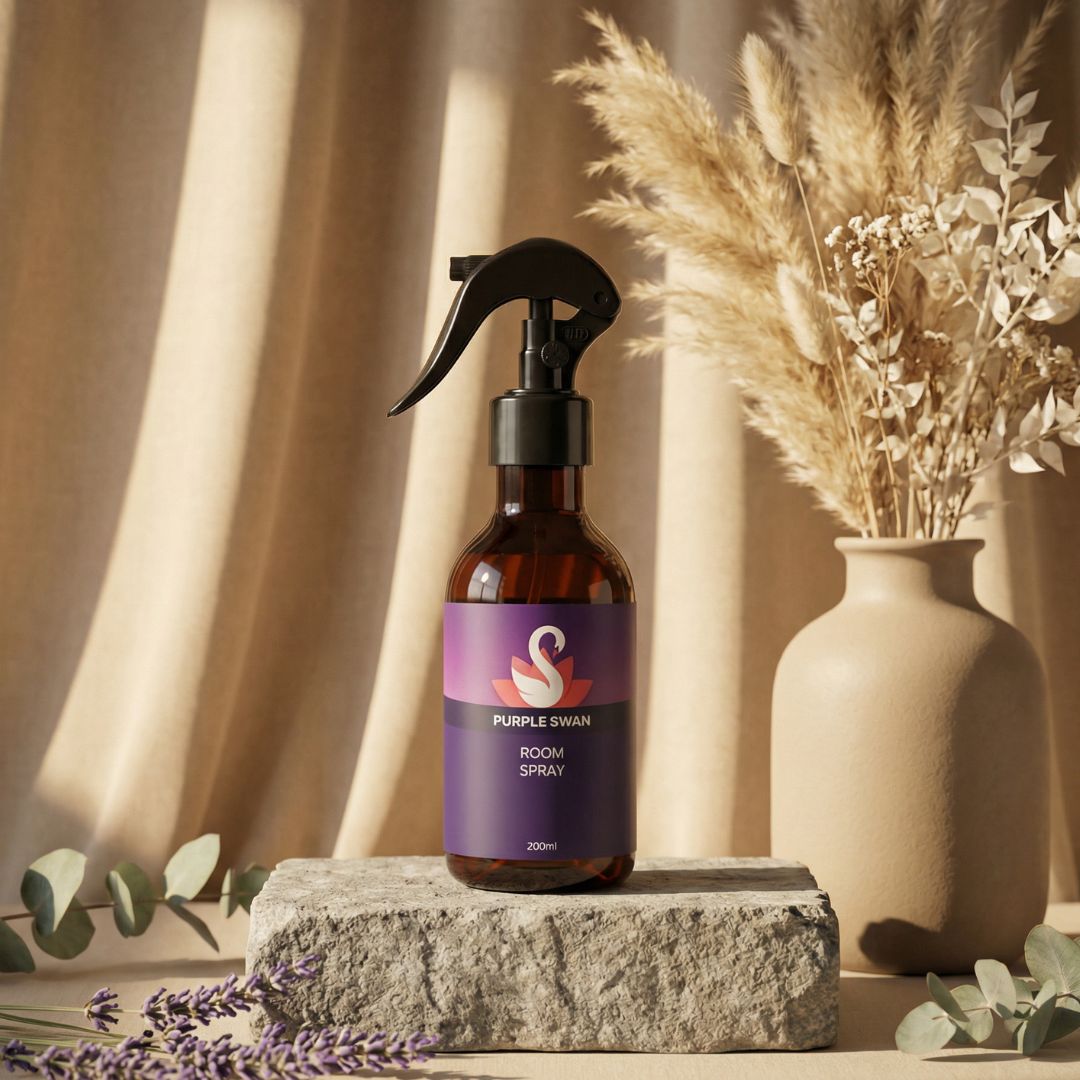 Room spray bottle with a purple label on a stone surface, surrounded by decorative elements.