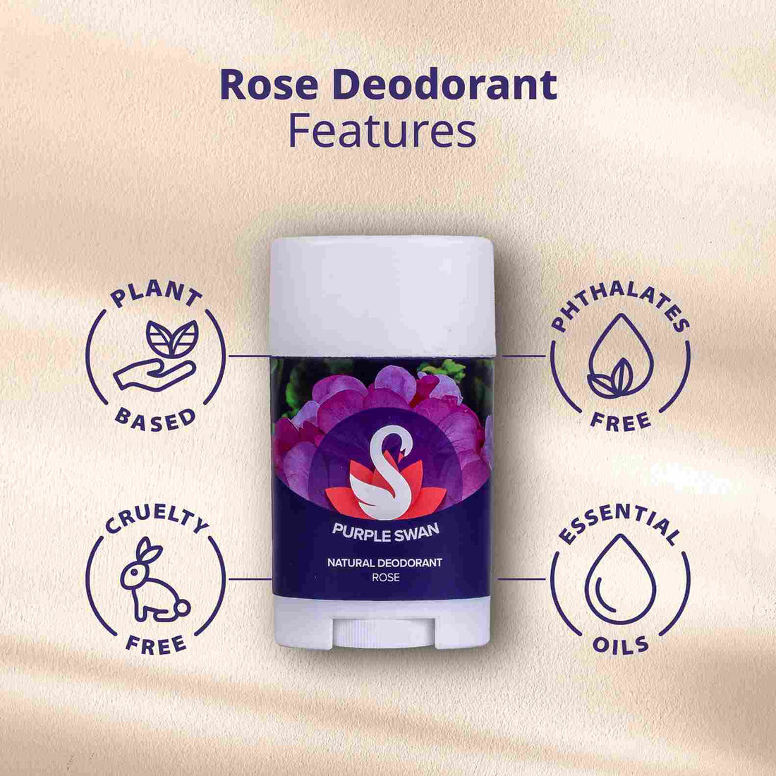 Purple Swan natural deodorant on a stone block with lavender and eucalyptus leaves, against a beige curtain background.